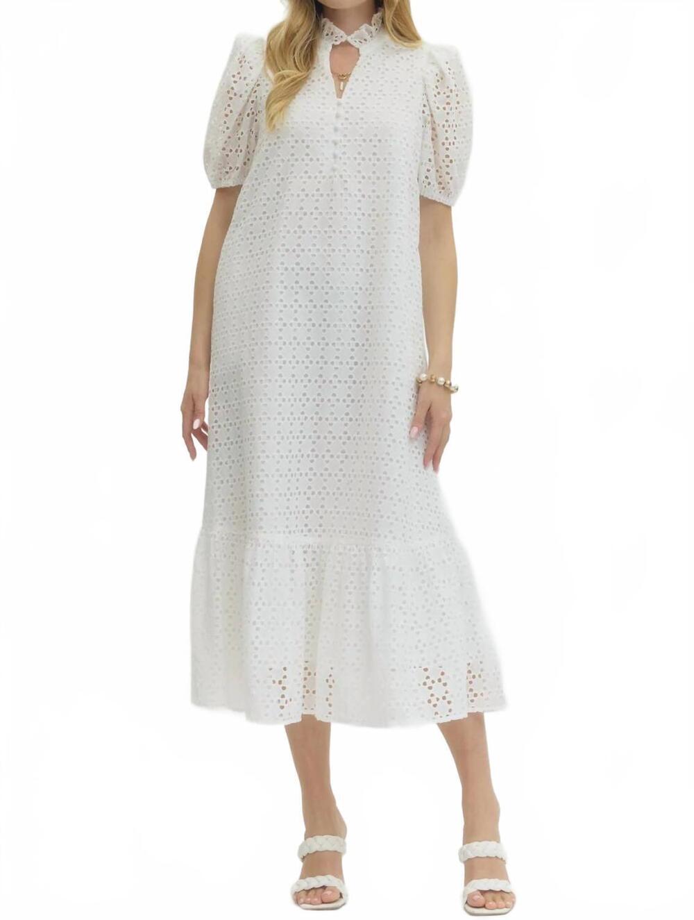 NEW ENTRO eyelet puff sleeve midi dress in off white